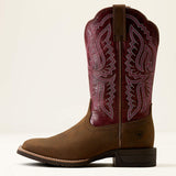 Ariat Hybrid Ranchwork Wide Square Toe Western Boot in Backwoods Brown / Berry Spice, outer side view
