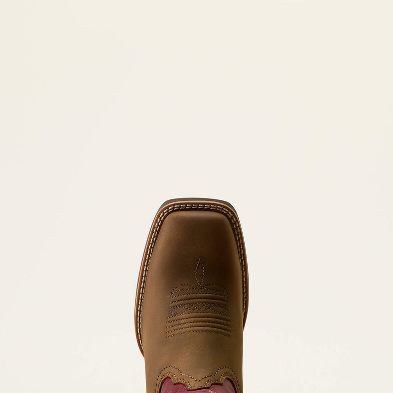 Ariat Hybrid Ranchwork Wide Square Toe Western Boot in Backwoods Brown / Berry Spice, toe and upper view