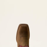 Ariat Hybrid Ranchwork Wide Square Toe Western Boot in Backwoods Brown / Berry Spice, toe and upper view