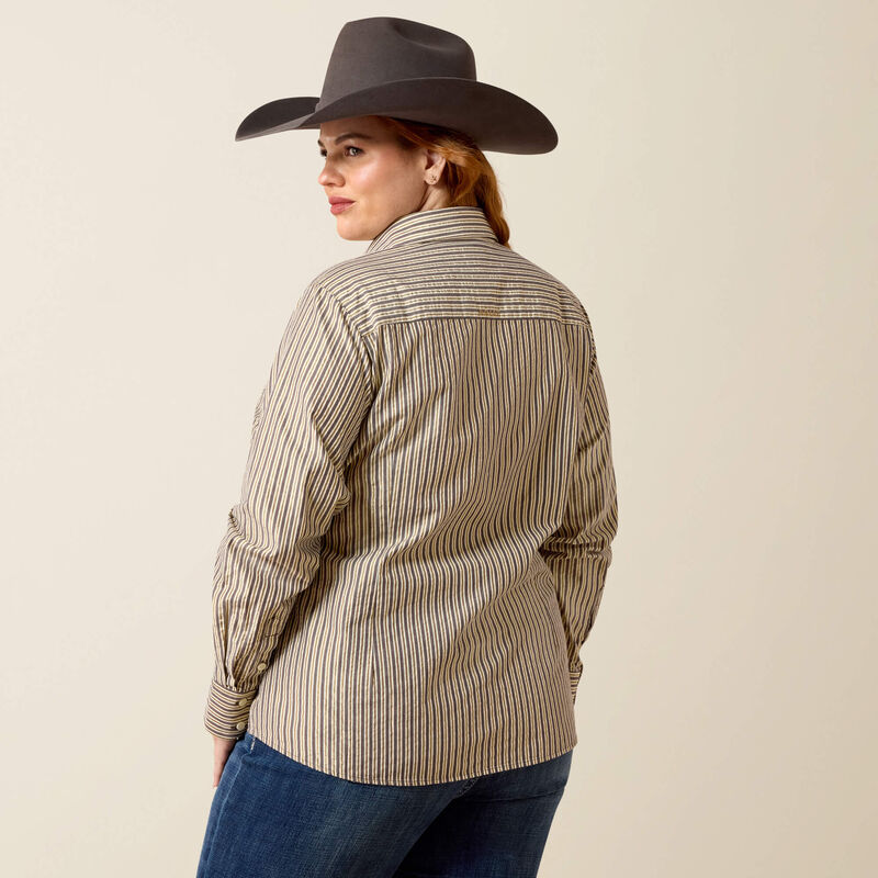 Ariat Kirby Stretch Western Shirt in Chocolate Plum Stripe, back view on a second model