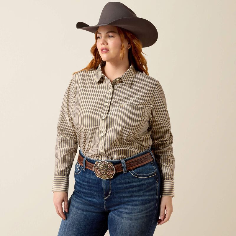 Ariat Kirby Stretch Western Shirt in Chocolate Plum Stripe, front view on a second model