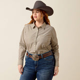 Ariat Kirby Stretch Western Shirt in Chocolate Plum Stripe, front view on a second model