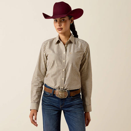 Ariat Kirby Stretch Western Shirt in Chocolate Plum Stripe, front view