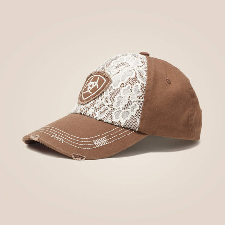 Ariat women's Brown Lace Logo Cap, original manufacturer front view showing the ivory lace and distressed peak