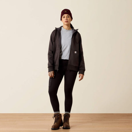Ariat Rebar All-Weather Full Zip Hoodie in Espresso, full outfit view
