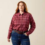 Ariat Rebar Flannel DuraStretch Work Shirt in Windsor Wine, front view on a second model
