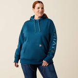 Ariat Rebar Workman Graphic Hoodie in Deep Dive / Storm Blue, front view on a second model
