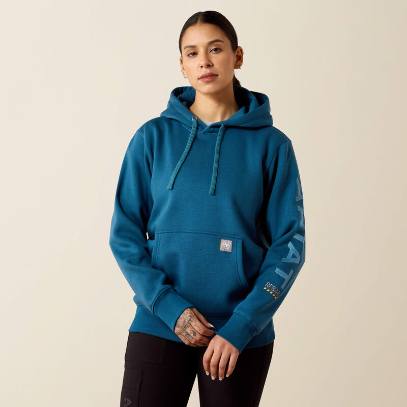 Ariat Rebar Workman Graphic Hoodie in Deep Dive / Storm Blue, front view