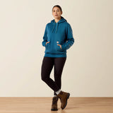 Ariat Rebar Workman Graphic Hoodie in Deep Dive / Storm Blue, full outfit view
