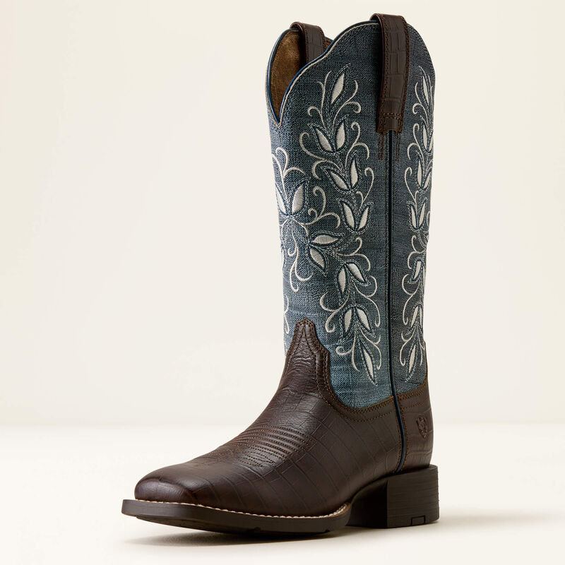 Ariat Round Up Holly Wide Square Toe Western Boot in Chocolate Croc Print / Denim Croc Print, front three-quarter view