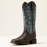 Ariat Round Up Holly Wide Square Toe Western Boot in Chocolate Croc Print / Denim Croc Print, front three-quarter view