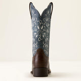 Ariat Round Up Holly Wide Square Toe Western Boot in Chocolate Croc Print / Denim Croc Print, rear heel view