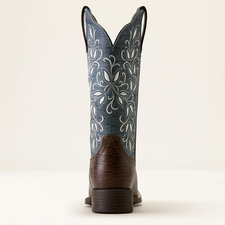 Ariat Round Up Holly Wide Square Toe Western Boot in Chocolate Croc Print / Denim Croc Print, rear heel view