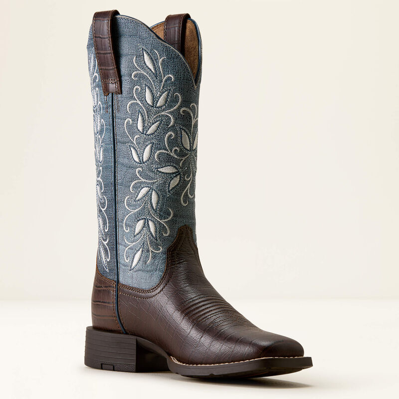 Ariat Round Up Holly Wide Square Toe Western Boot in Chocolate Croc Print / Denim Croc Print, inner side view