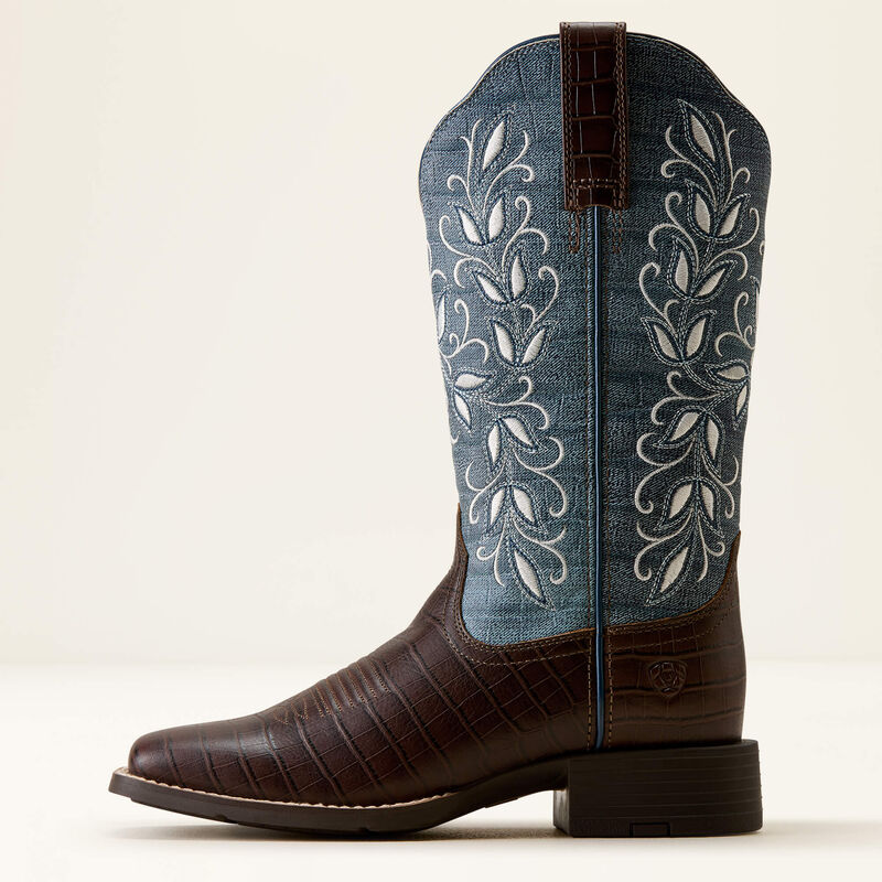Ariat Round Up Holly Wide Square Toe Western Boot in Chocolate Croc Print / Denim Croc Print, outer side view