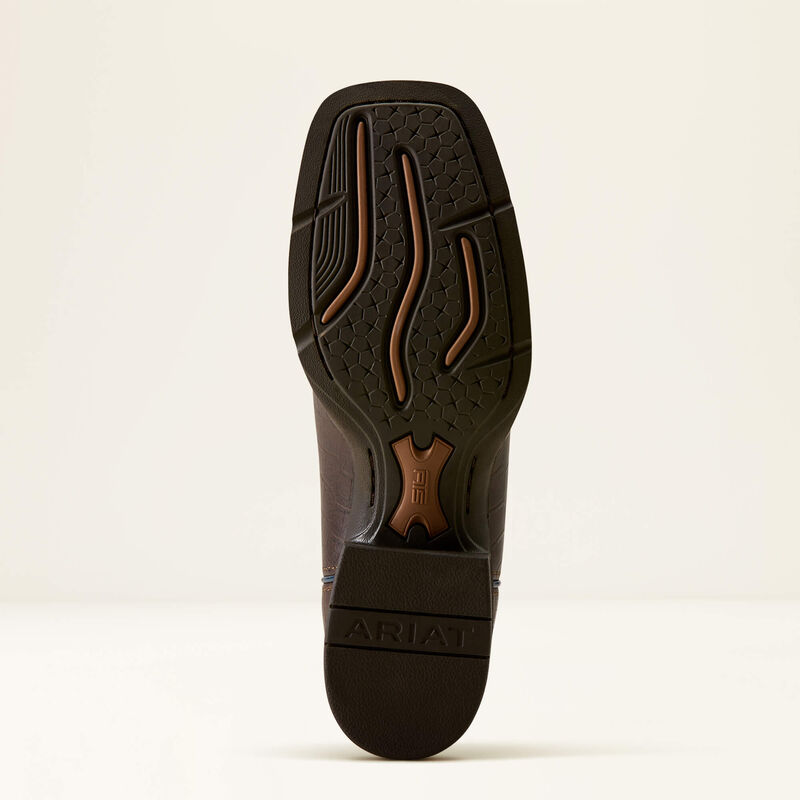 Ariat Round Up Holly Wide Square Toe Western Boot in Chocolate Croc Print / Denim Croc Print, sole and tread view