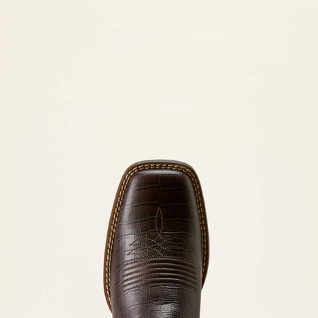 Ariat Round Up Holly Wide Square Toe Western Boot in Chocolate Croc Print / Denim Croc Print, toe and upper view