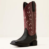 Ariat Round Up Holly Wide Square Toe Western Boot in Obsidian / Fairy Berry, front three-quarter view