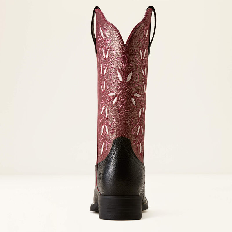 Ariat Round Up Holly Wide Square Toe Western Boot in Obsidian / Fairy Berry, rear heel view
