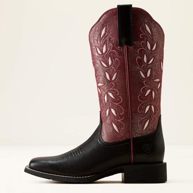 Ariat Round Up Holly Wide Square Toe Western Boot in Obsidian / Fairy Berry, outer side view