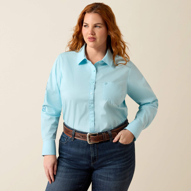 Ariat Team Kirby Western Shirt in Aquaesque, front view on a second model