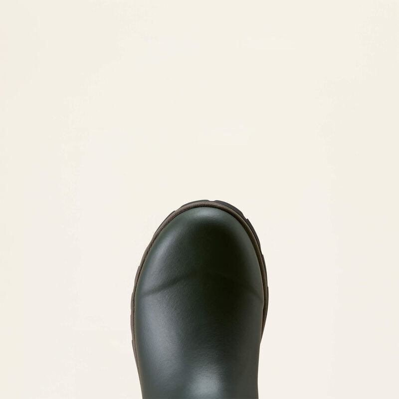 Ariat Woodstock Rubber Boot in Olive Night, toe and upper view