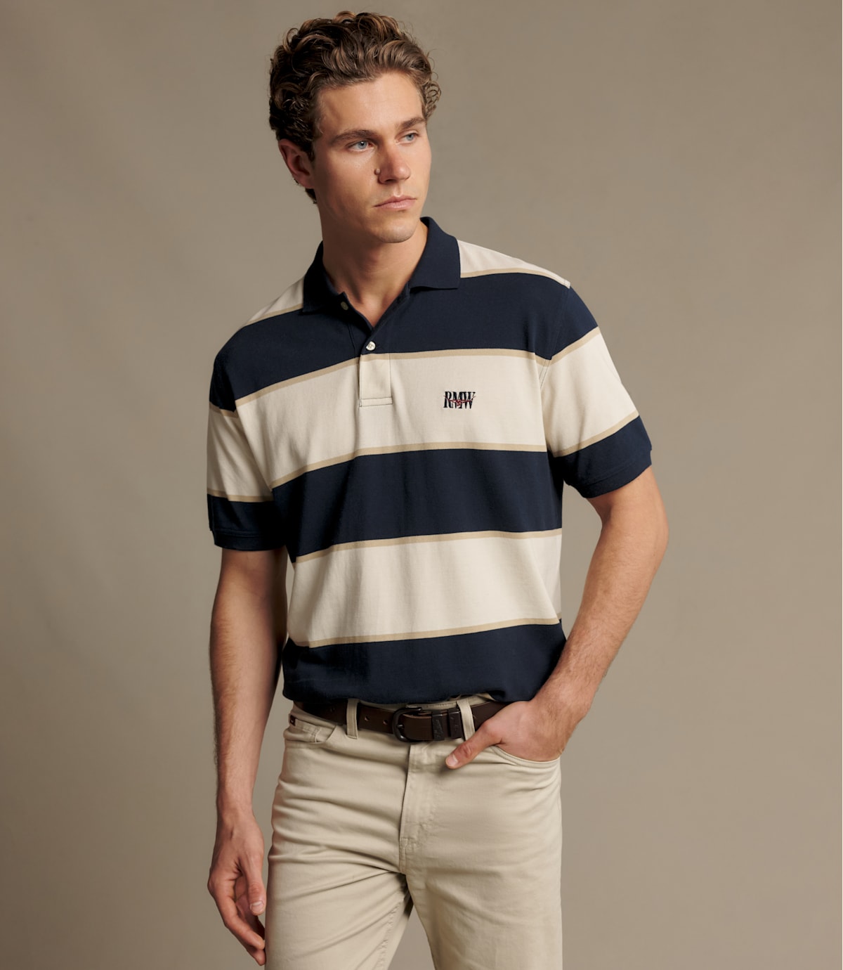 RM Williams Balmain Stripe Polo in Ecru/Navy - view 3