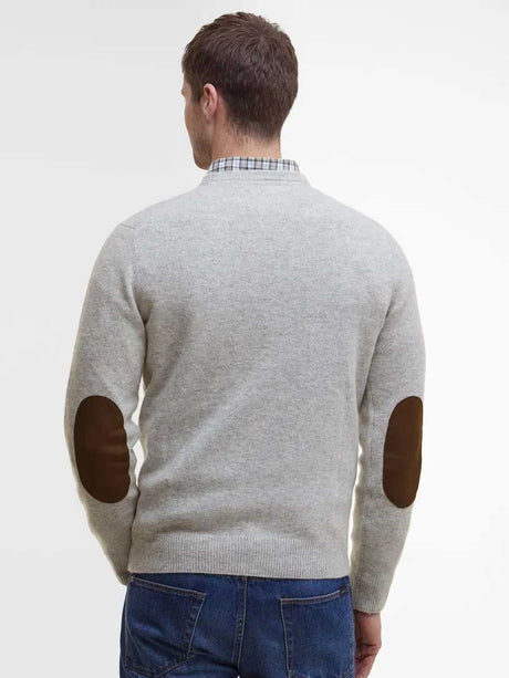 BARBOUR Essential Elbow Patch Crew-Neck Jumper - Mens - Light Grey Marl