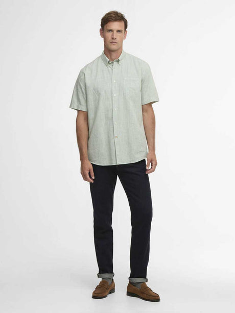 BARBOUR Fleming Linen Blend Short Sleeved Shirt - Mens - Loden Green