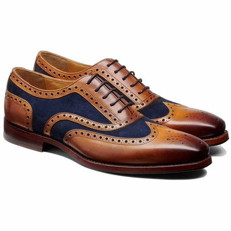 40% OFF - BARKER Keiran Brogue Shoes - Mens - Cedar Calf & Navy Suede - Size: UK 6 & 12