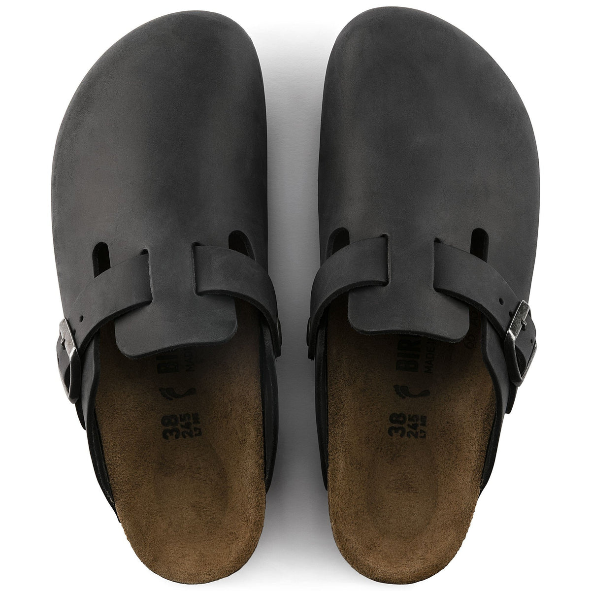 Top view of Birkenstock Boston Black regular-fit clogs and footbed