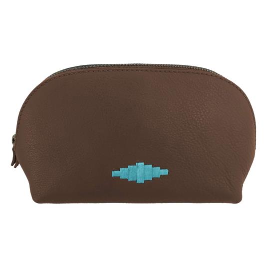 PAMPEANO - Brillo Cosmetic Bag - Brown Leather with Turquoise Stitching