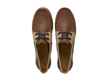 CHATHAM Ladies Penang Leather Boat Shoes - Tan / Sand / Navy
