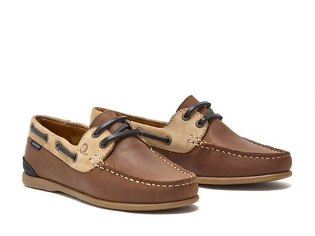 CHATHAM Ladies Penang Leather Boat Shoes - Tan / Sand / Navy