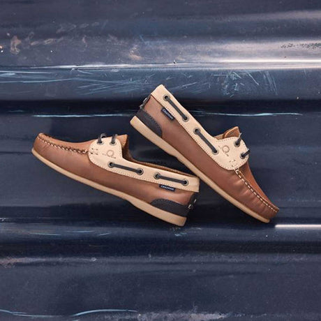 CHATHAM Ladies Penang Leather Boat Shoes - Tan / Sand / Navy
