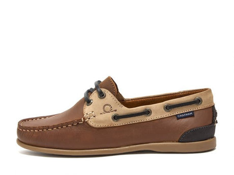 CHATHAM Ladies Penang Leather Boat Shoes - Tan / Sand / Navy