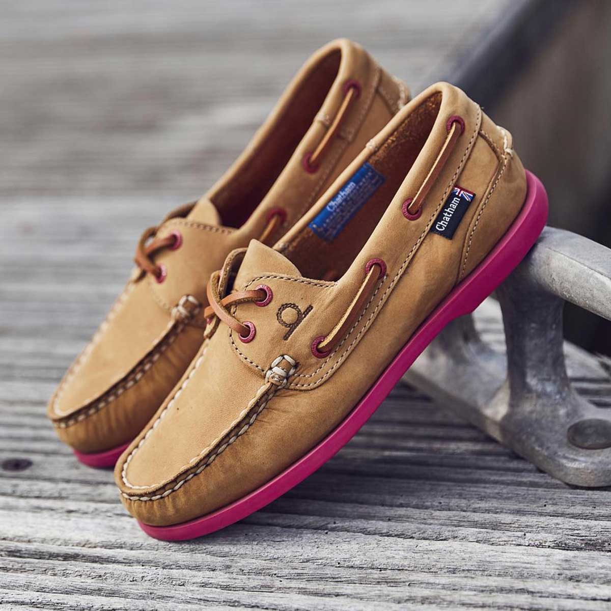 CHATHAM Ladies Pippa II G2 Leather Boat Shoes - Tan/Pink