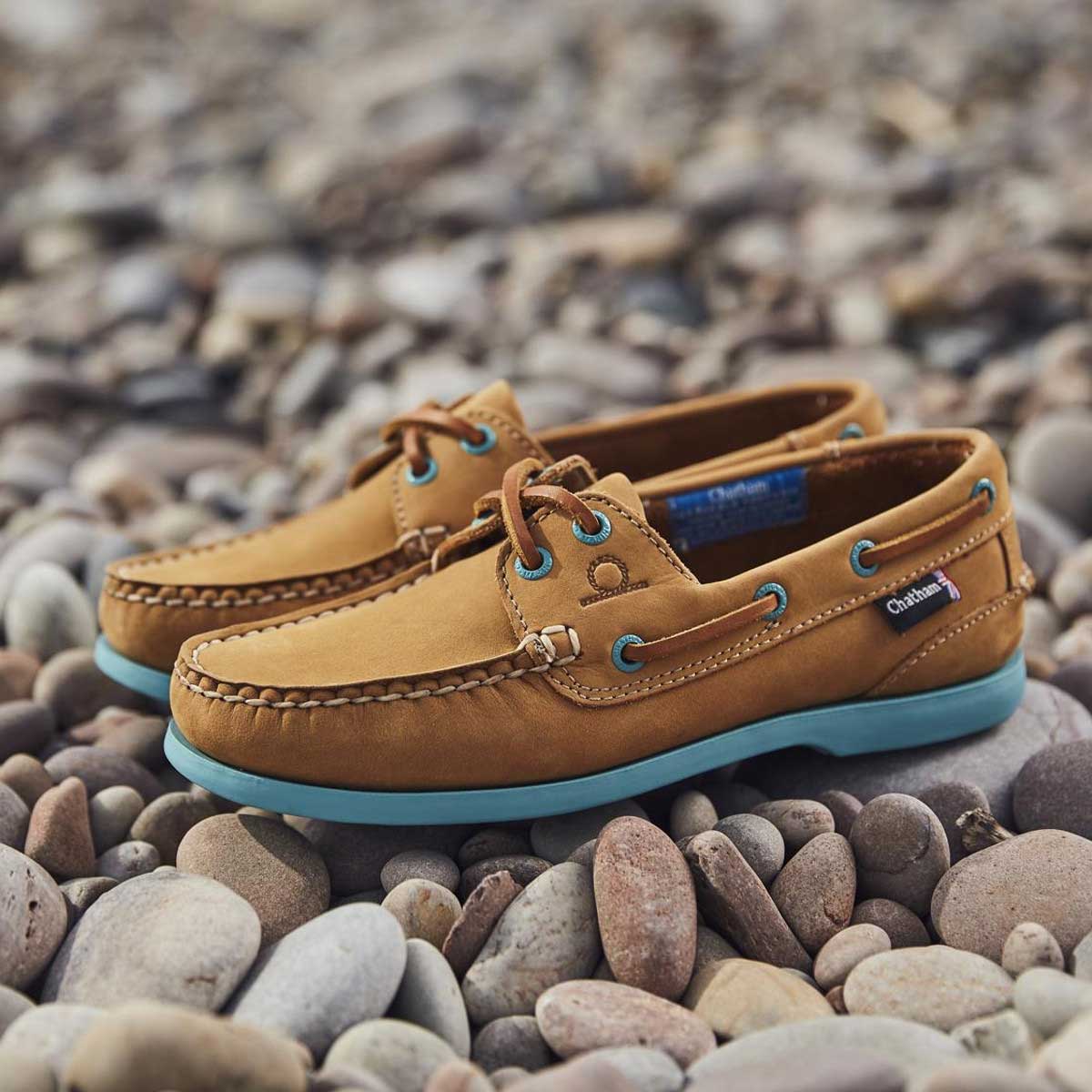 CHATHAM Ladies Pippa II G2 Leather Boat Shoes - Tan/Turquoise