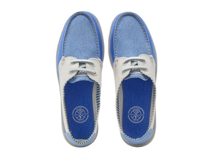 CHATHAM x JOULES Mariner Canvas Slip-On Deck Shoes - Ladies - Blue / Oat