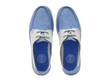 CHATHAM x JOULES Mariner Canvas Slip-On Deck Shoes - Ladies - Blue / Oat