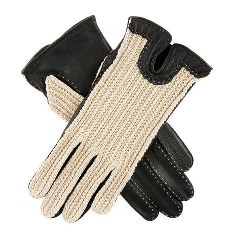 DENTS Kelly Crochet Back Imitation Peccary Leather Driving Gloves - women's - Neutral & Black Dents