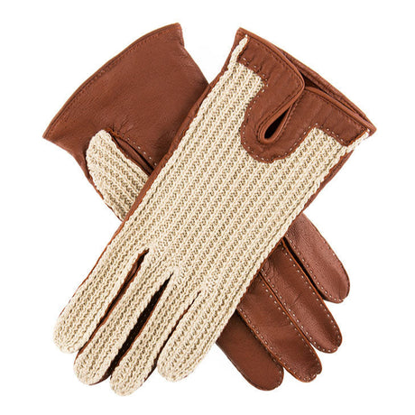 DENTS Kelly Crochet Back Imitation Peccary Leather Driving Gloves - women's - Neutral & Cognac Dents