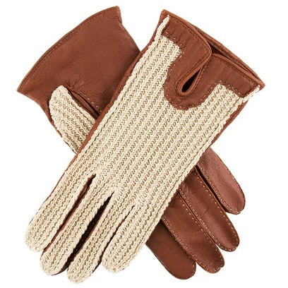 DENTS Kelly Crochet Back Imitation Peccary Leather Driving Gloves - women's - Neutral & Cognac