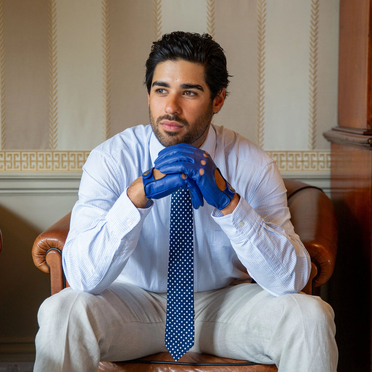 DENTS Delta Men's Classic Leather Driving Gloves - Royal Blue & Black