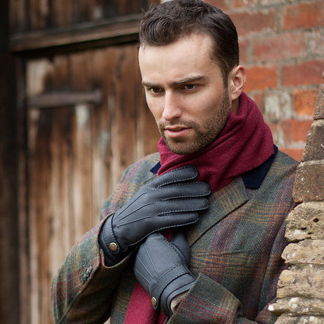 DENTS Gloucester Cashmere-Lined Deerskin Leather Gloves with Cashmere Cuffs - Mens Handsewn Three-Point - Navy Dents
