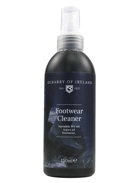 A 150ml bottle of Dubarry of Ireland Footwear Cleaner spray, featuring a dark navy blue label and a clear spray nozzle, set against a plain white background.
