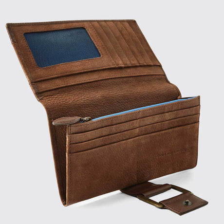 An open brown leather bi-fold wallet with card slots, a blue ID window, a zippered compartment, and a detachable metal buckle strap, shown on a light gray background.