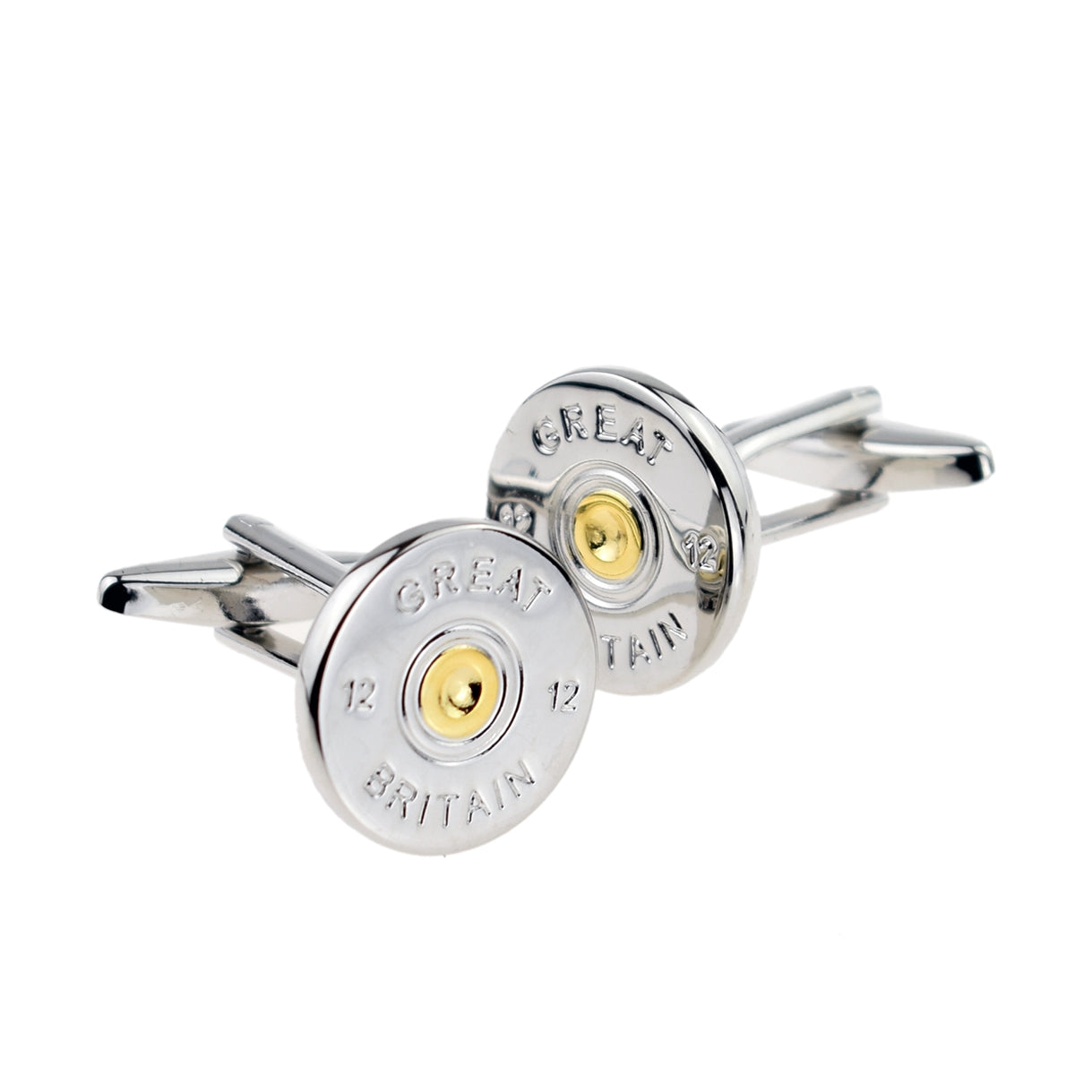 FARLEY'S Great Britain Shotgun Cartridge Cap Shooting Cufflinks - Two Tone Rhodium Plated