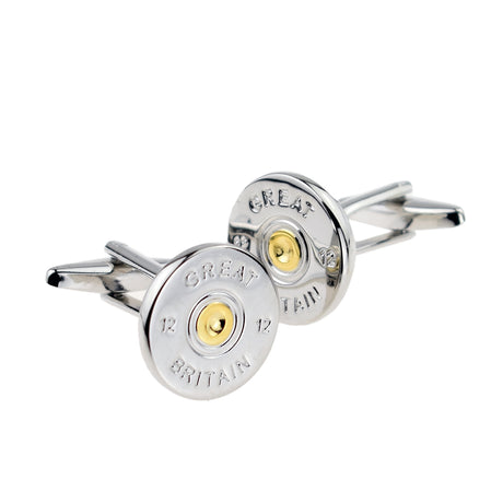 FARLEY'S Great Britain Shotgun Cartridge Cap Shooting Cufflinks - Two Tone Rhodium Plated