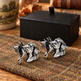 Pewter retriever and duck cufflinks displayed on country tweed in front of Farley's black presentation box